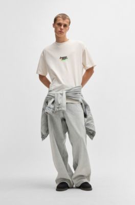Oversize-fit T-shirt in cotton with Happy HUGO logo, White
