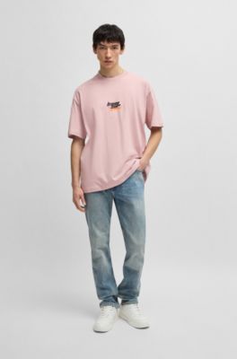 Oversize-fit T-shirt in cotton with Happy HUGO logo, light pink