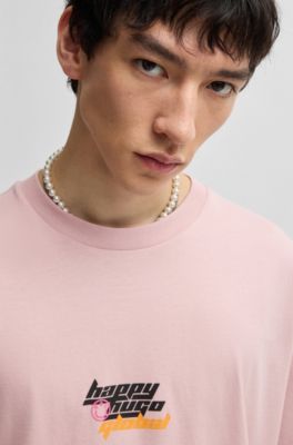 Oversize-fit T-shirt in cotton with Happy HUGO logo, light pink