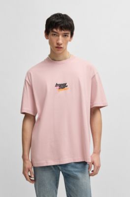 Oversize-fit T-shirt in cotton with Happy HUGO logo, light pink