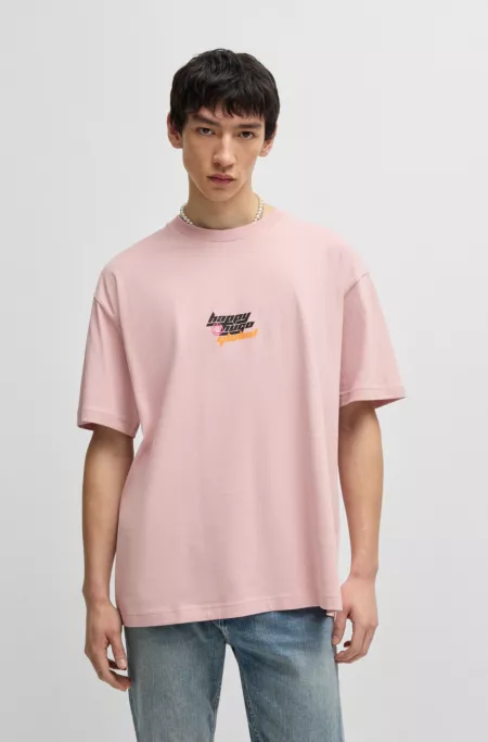Oversize-fit T-shirt in cotton with Happy HUGO logo