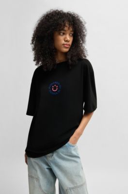 Cotton-jersey T-shirt with Happy HUGO logo, Black