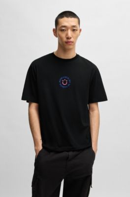 Cotton-jersey T-shirt with Happy HUGO logo, Black