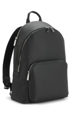 Mochila de piel granulada italiana con logo grabado, Negro