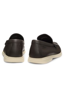 Mocassins en cuir foulonn&eacute; avec logo, Marron fonc&eacute;