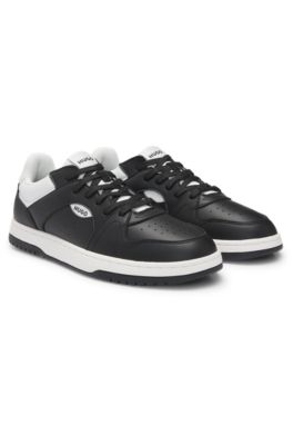 Faux-leather lace-up trainers with logo details, Dark Grey