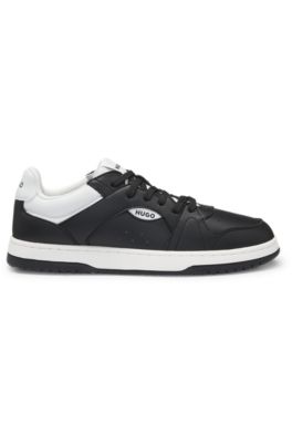 Faux-leather lace-up trainers with logo details, Dark Grey