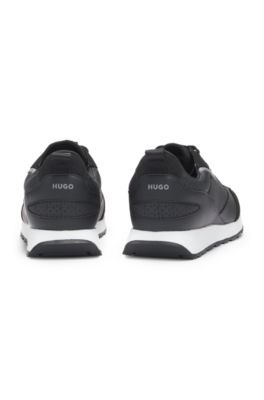 Mixed-material lace-up trainers with monogrammed upper, Black