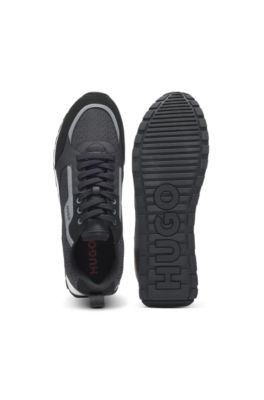 Mixed-material lace-up trainers with monogrammed upper, Black