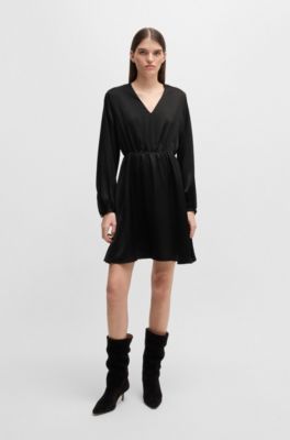 V-neck dress in hammered satin, Black