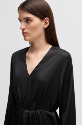V-neck dress in hammered satin, Black