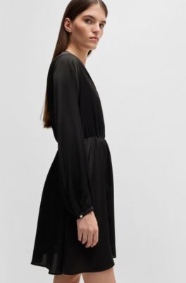 V-neck dress in hammered satin, Black