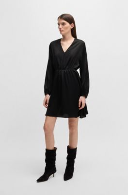 V-neck dress in hammered satin, Black
