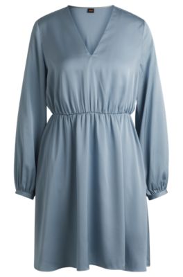 V-neck dress in hammered satin, Blue
