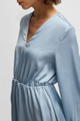 V-neck dress in hammered satin, Blue