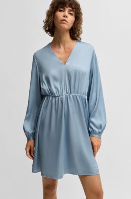 V-neck dress in hammered satin, Blue