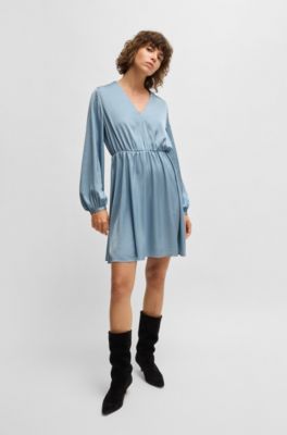 V-neck dress in hammered satin, Blue
