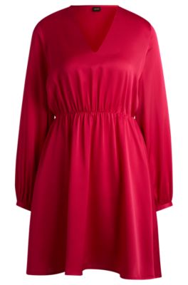 Hugo Boss V-neck Dress In Hammered Satin In Pink