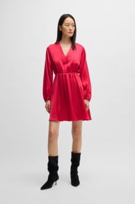 V-neck dress in hammered satin, Pink