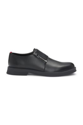 Leather monk shoes with quarter zip, Black