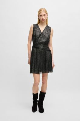Pliss&eacute; pleat wrap-front dress with ruffle hem, Black