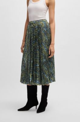Midi-length skirt in printed pliss&eacute; satin, Patterned