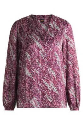 Hugo Boss Regular-fit Blouse With V Neckline In Printed Satin In Pink