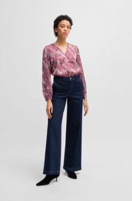 Regular-fit blouse with V neckline in printed satin, Pink