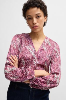 Regular-fit blouse with V neckline in printed satin, Pink