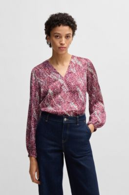 Regular-fit blouse with V neckline in printed satin, Pink