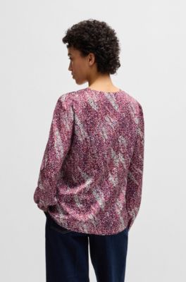 Regular-fit blouse with V neckline in printed satin, Pink