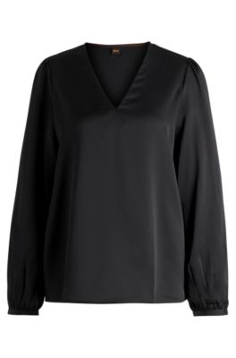 Hugo Boss Regular-fit Blouse With V Neckline In Hammered Satin In Black