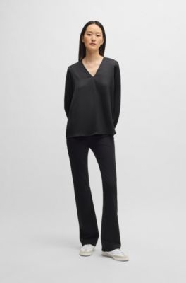 Regular-fit blouse with V neckline in hammered satin, Black