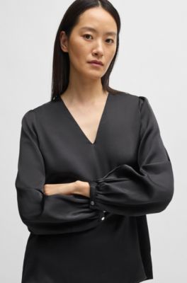 Regular-fit blouse with V neckline in hammered satin, Black