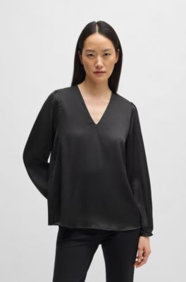 Regular-fit blouse with V neckline in hammered satin, Black