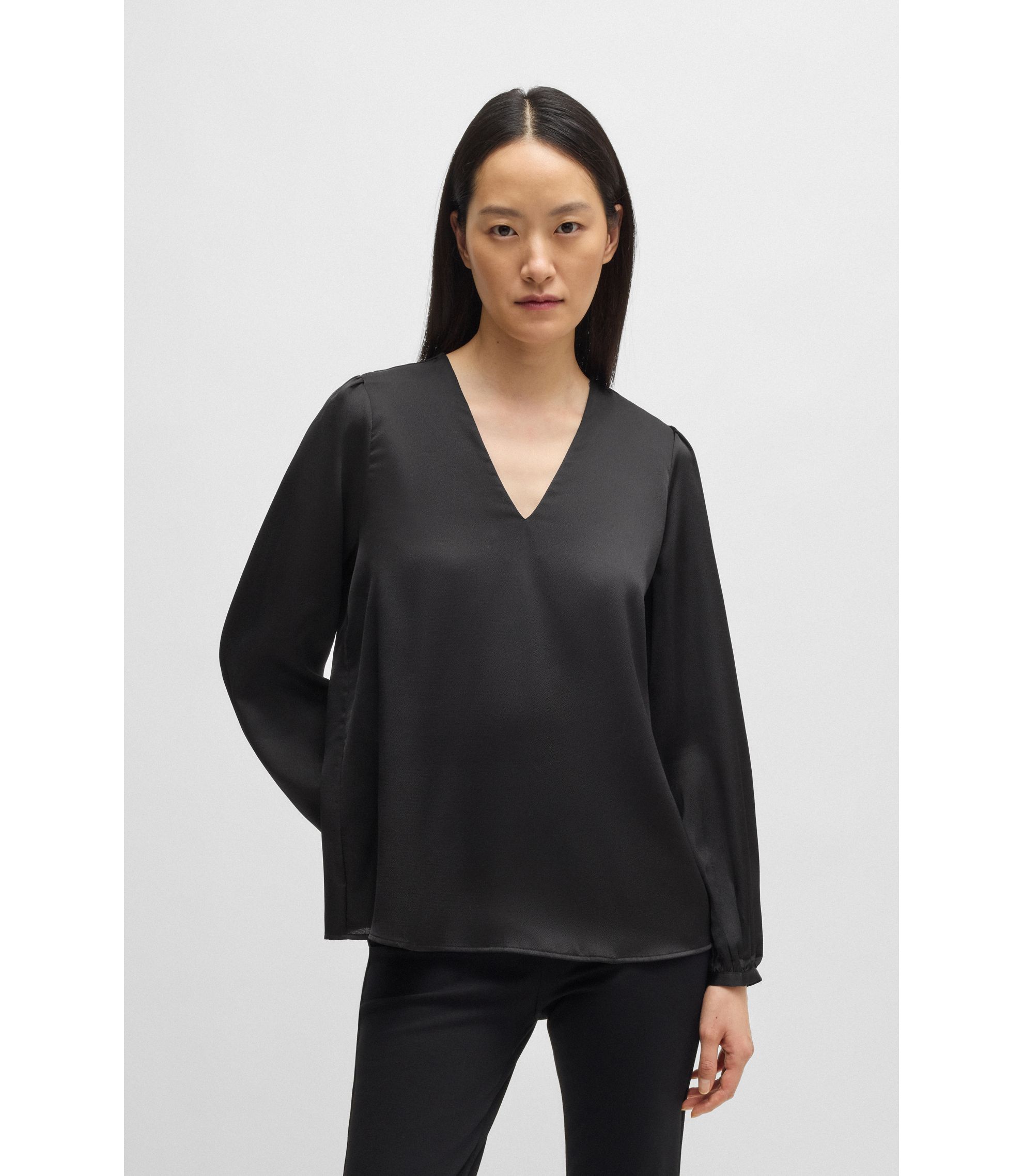 BOSS - Regular-fit blouse with V neckline in hammered satin - Black