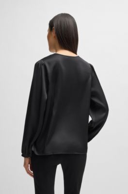Regular-fit blouse with V neckline in hammered satin, Black
