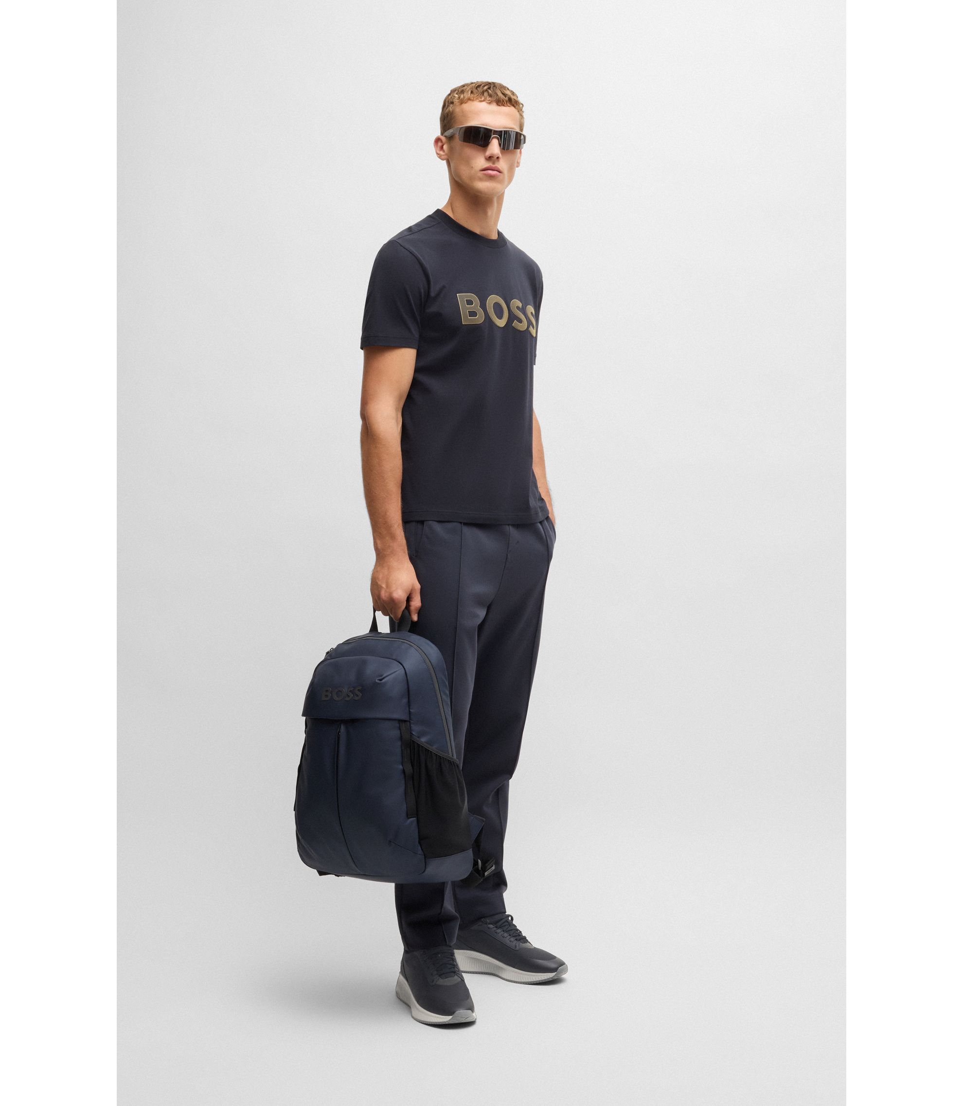 BOSS - Faux-leather backpack with zipped front pocket - Dark Blue