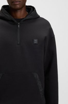 Sudadera con capucha, cremallera en el cuello y ribetes en contraste, Negro