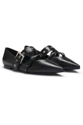Bailarinas de piel de napa con correas de hebilla, Negro