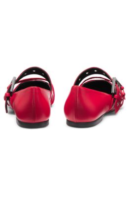 Nappa-leather ballerina pumps with buckled straps, Red