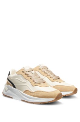 BOSS Mixed-material lace-up trainers with suede trims Beige