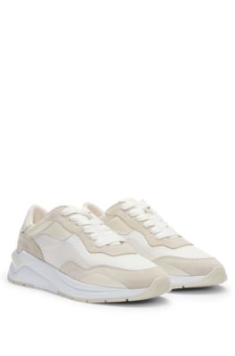 Deportivas de ante, malla y piel sint&eacute;tica con cordones, Blanco