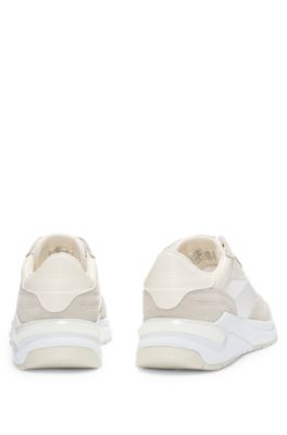 Deportivas de ante, malla y piel sint&eacute;tica con cordones, Blanco