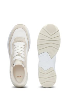 Deportivas de ante, malla y piel sint&eacute;tica con cordones, Blanco