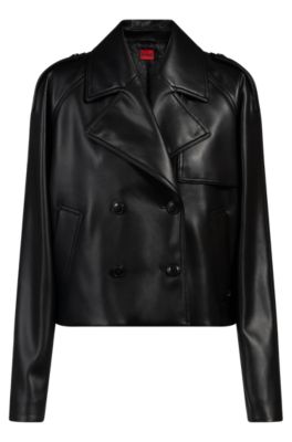Relaxed-fit double-breasted jacket in faux leather, Black