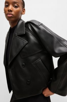 Relaxed-fit double-breasted jacket in faux leather, Black