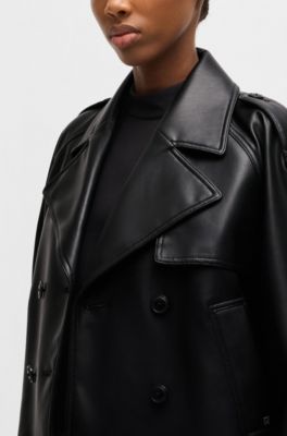 Relaxed-fit double-breasted jacket in faux leather, Black