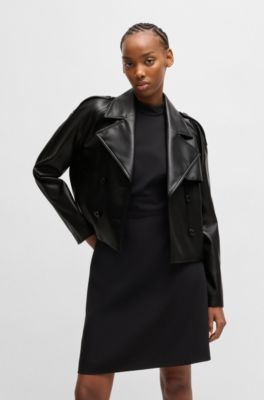 Relaxed-fit double-breasted jacket in faux leather, Black