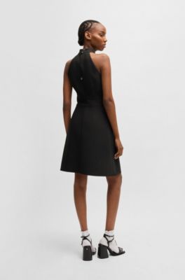 Mock-neck dress in stretch fabric, Black
